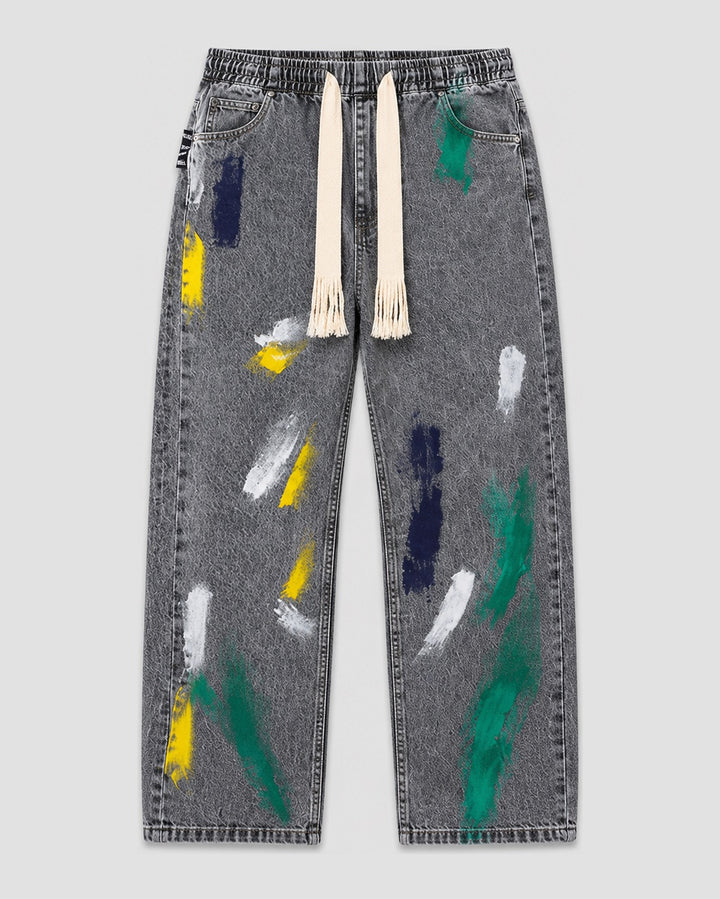 Men's Paint-Splatter Wide-Leg Jeans with Drawcords