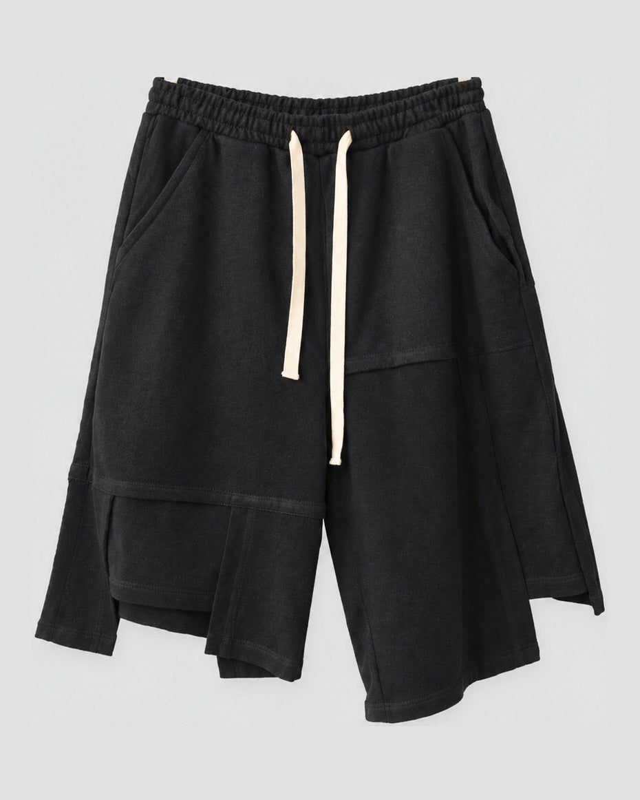 Men's Asymmetric Knee-Length Shorts with Paneled Hem, front view, product photo