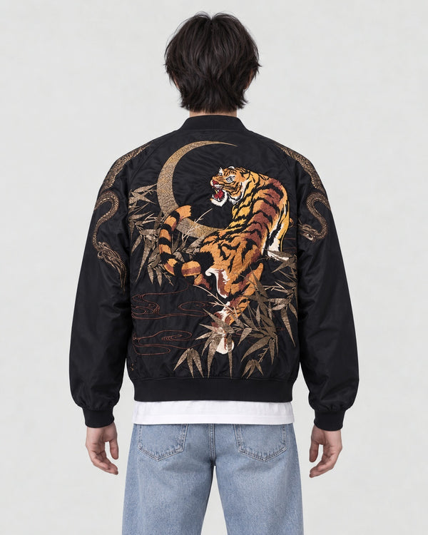 Model wearing the Tiger and Dragon Embroidered Bomber Jacket, front view