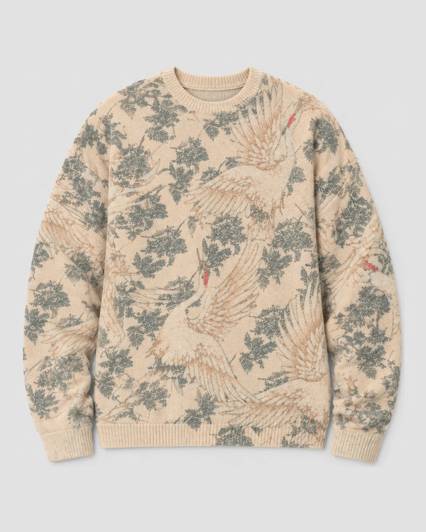 Crane Print Knit Crewneck Sweater, front view, product photo