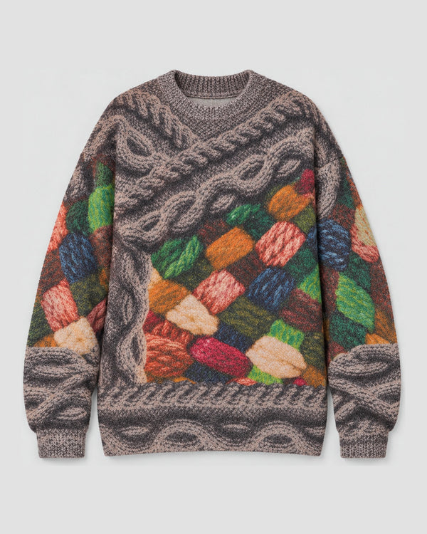 Yarn Patchwork Cable Print Sweater, front view, product photo