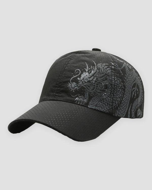 Black baseball cap with a gray dragon printed on the crown
