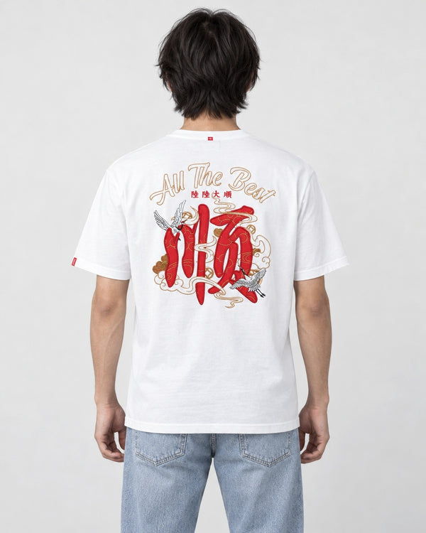 Model wearing the Men's Embroidered Chinese Character T-Shirt with Cranes, front view