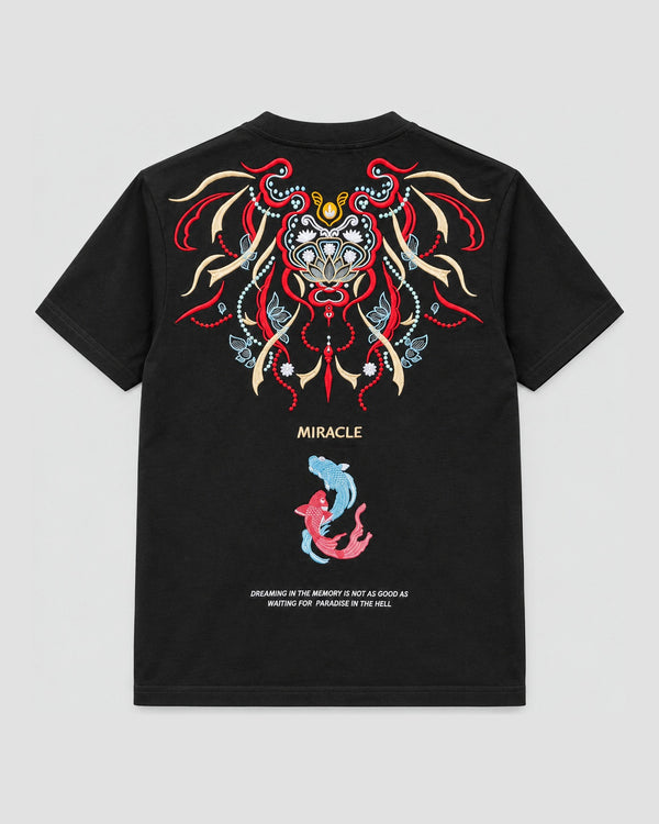 Embroidered Mask and Koi T-Shirt with Miracle Emblem, back view, product photo