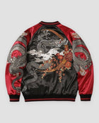 Black and red dragon embroidered bomber, back view, silver dragon among clouds and peonies