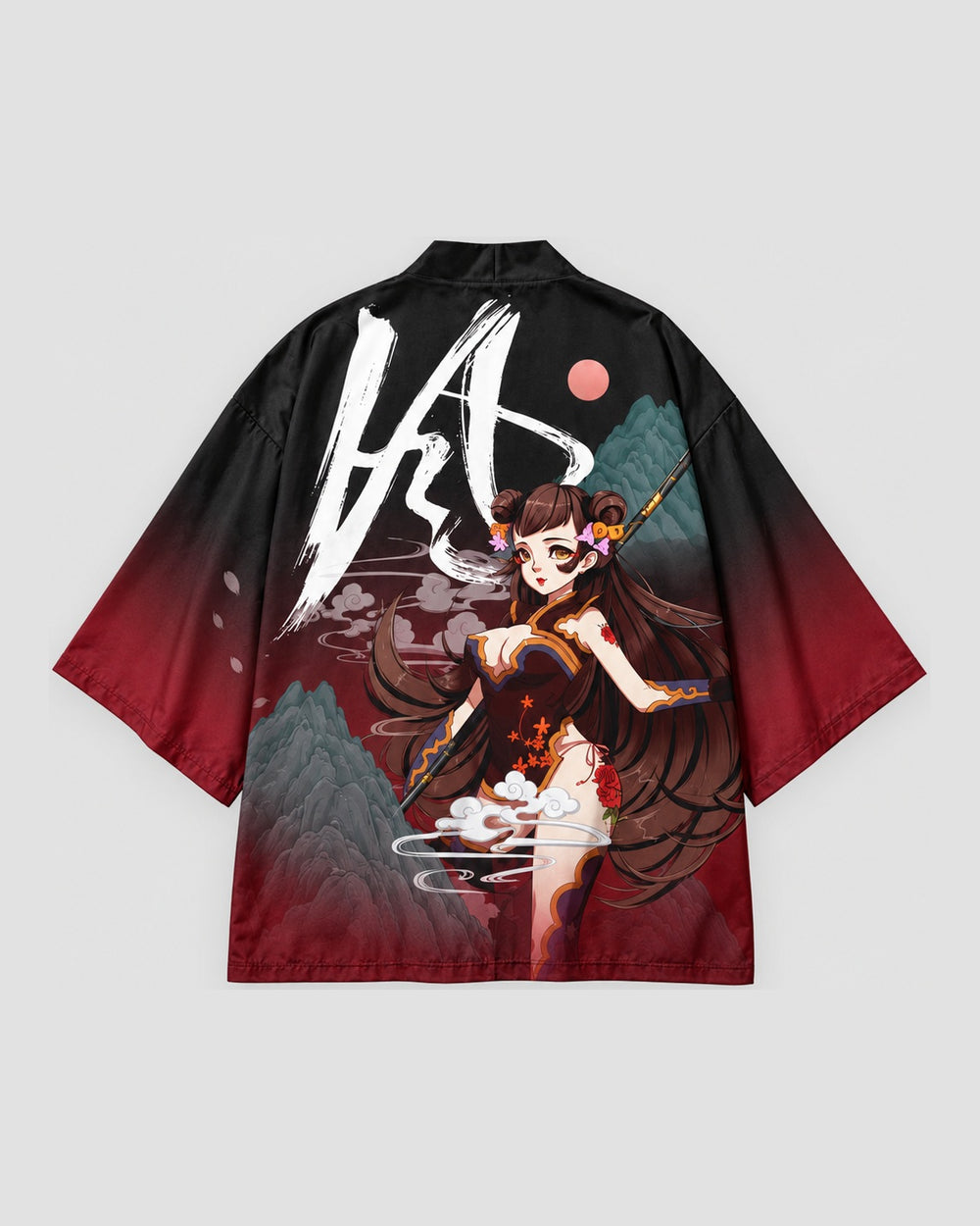 Black and Red Haori Cardigan with Girl and Spear Back Print, back view, product photo