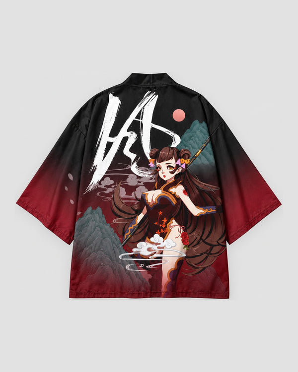 Black and Red Haori Cardigan with Girl and Spear Back Print, back view, product photo