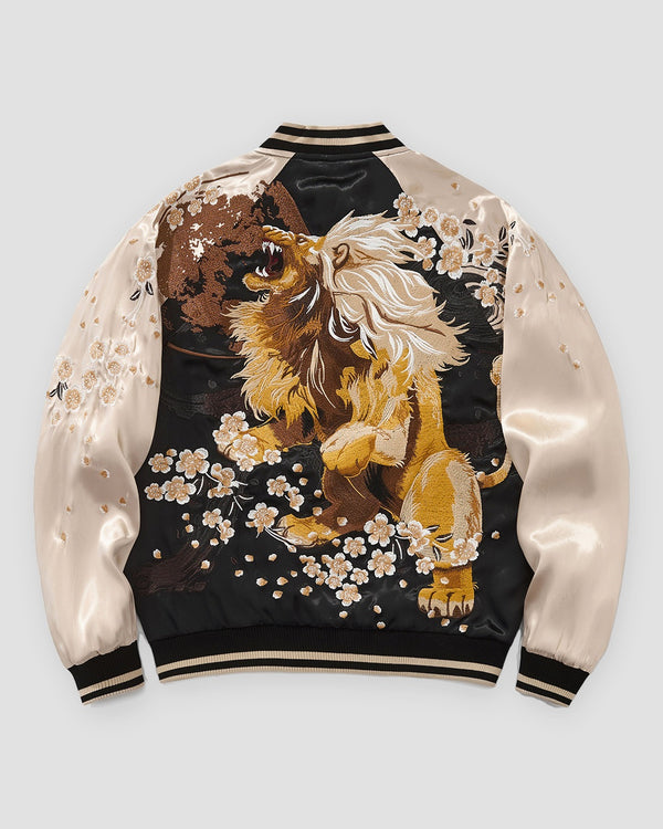 Black and cream sukajan, back view, roaring lion embroidered among blossoms