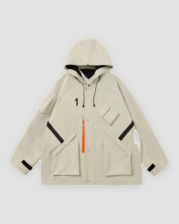 Men's Loose Hooded Techwear Jacket with Flap Pockets and Ribbon Zip Pull