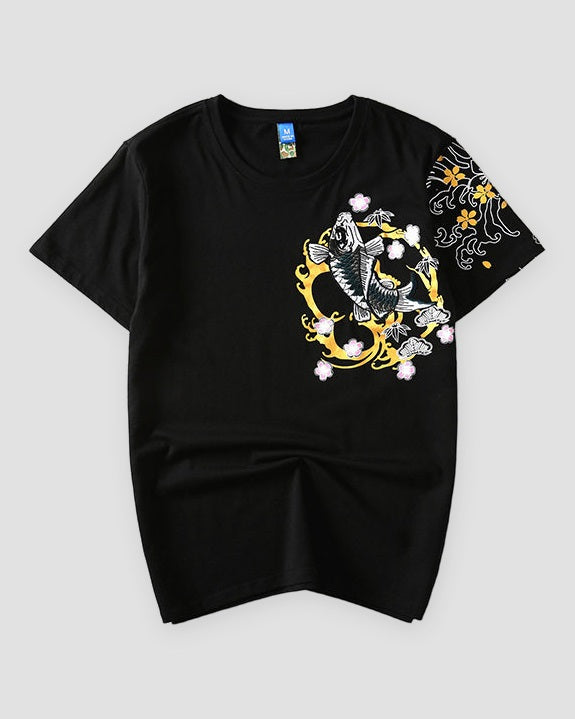 Black T-shirt with a leaping koi in a gold ring on the left chest and waves on the left sleeve