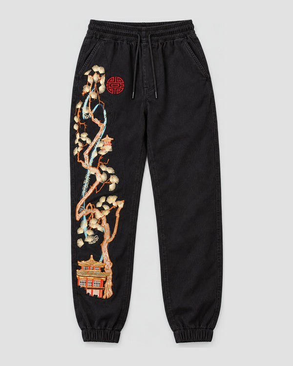 Embroidered Joggers with Pine Tree and Pavilion Design, front view, product photo