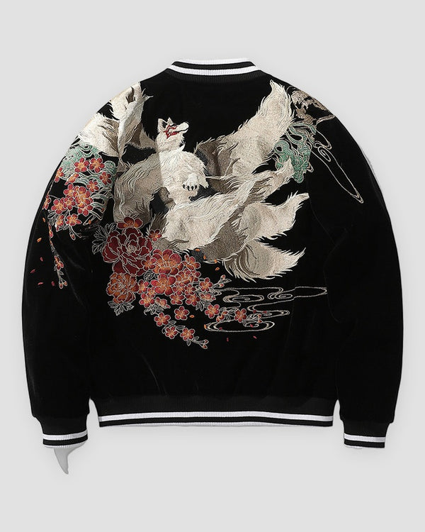 Black plush sukajan, back view, white nine-tailed fox and peonies embroidered