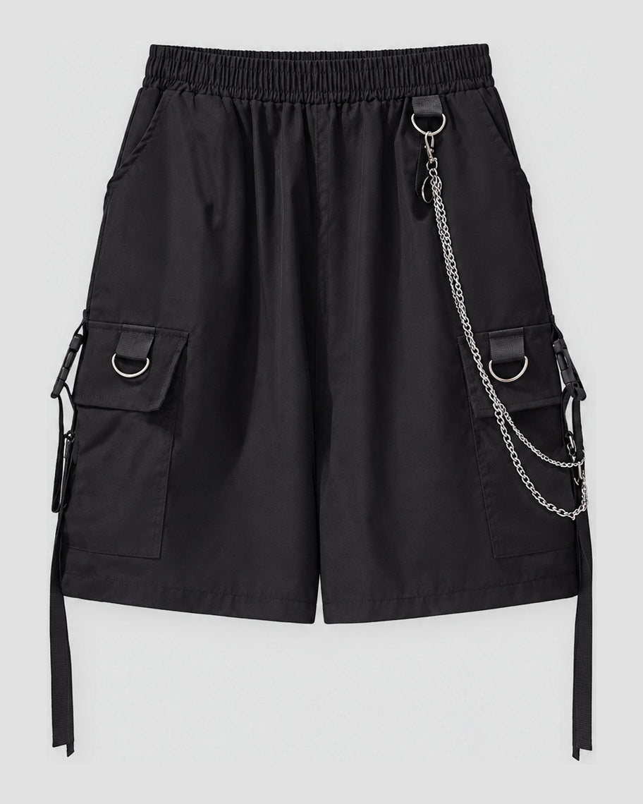 Women's Cargo Shorts with Silver Chain and Buckled Strap Pockets, front view, product photo