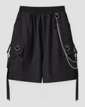 Women's Cargo Shorts with Silver Chain and Buckled Strap Pockets, front view, product photo