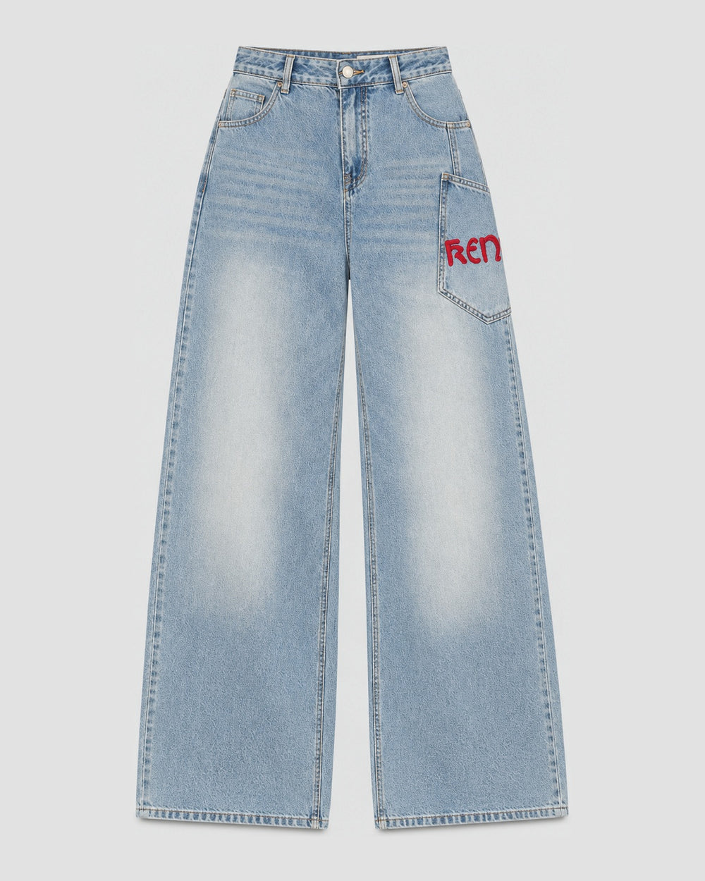 Women's High-Waisted Wide-Leg Jeans with Embroidered Red Pocket Lettering, front view, product photo