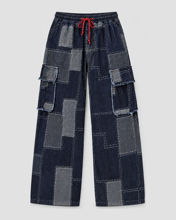 Patchwork Denim Cargo Pants with Raw-Edge Flap Pockets, front view, product photo