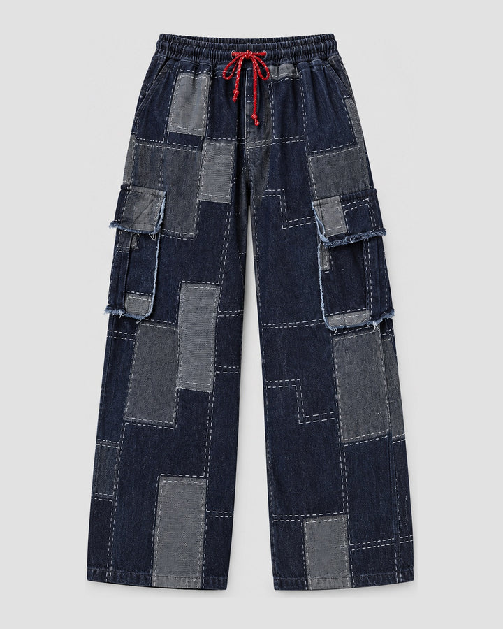 Patchwork Denim Cargo Pants with Raw-Edge Flap Pockets