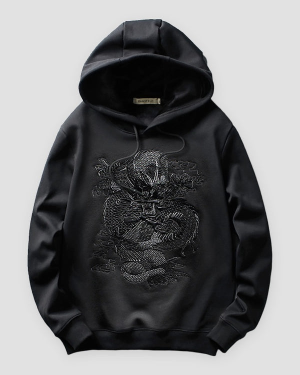 Black pullover hoodie with a black dragon embroidered on the chest, front view
