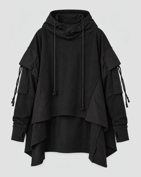 Layered Sleeve Techwear Hoodie with Cape Hem, front view, product photo