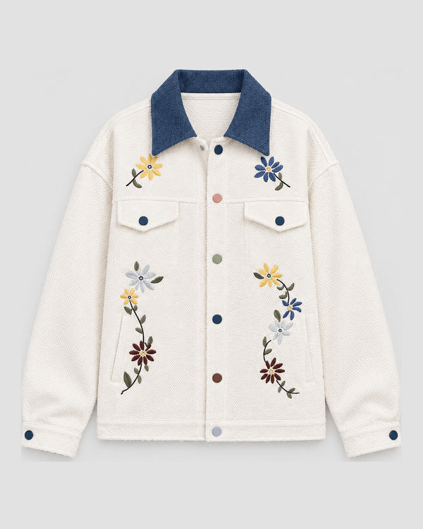 Floral Embroidered Contrast Collar Jacket, front view, product photo