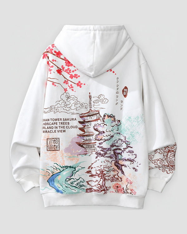 White hoodie with a sakura tower and waves printed across the back