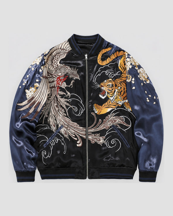 Black souvenir jacket with navy sleeves, a silver phoenix on the left chest and an orange tiger on the right chest