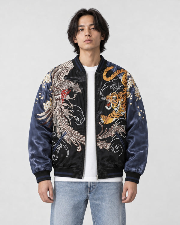 Model wearing the Reversible Phoenix and Tiger Embroidered Souvenir Jacket, front view