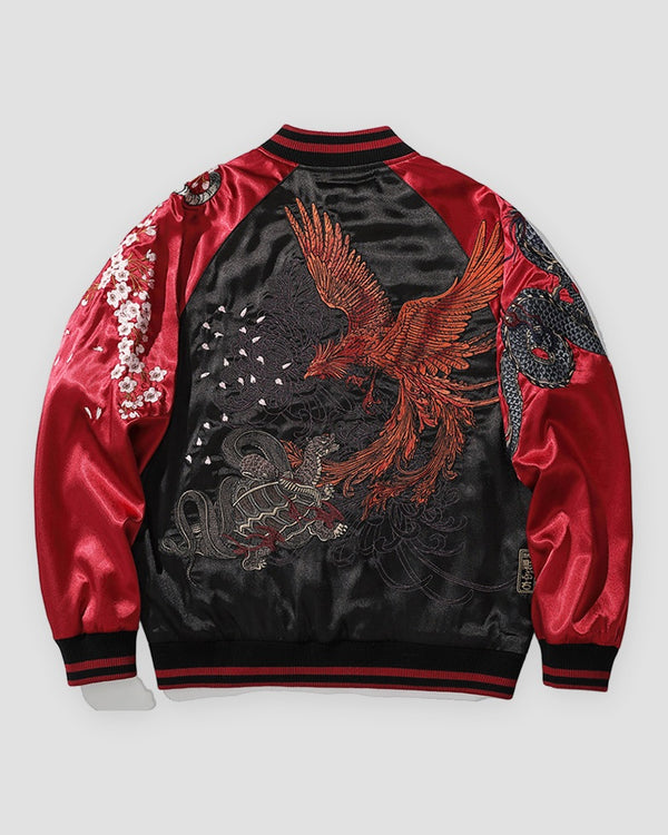 Red and black tiger and dragon sukajan, back view, embroidered phoenix and tortoise