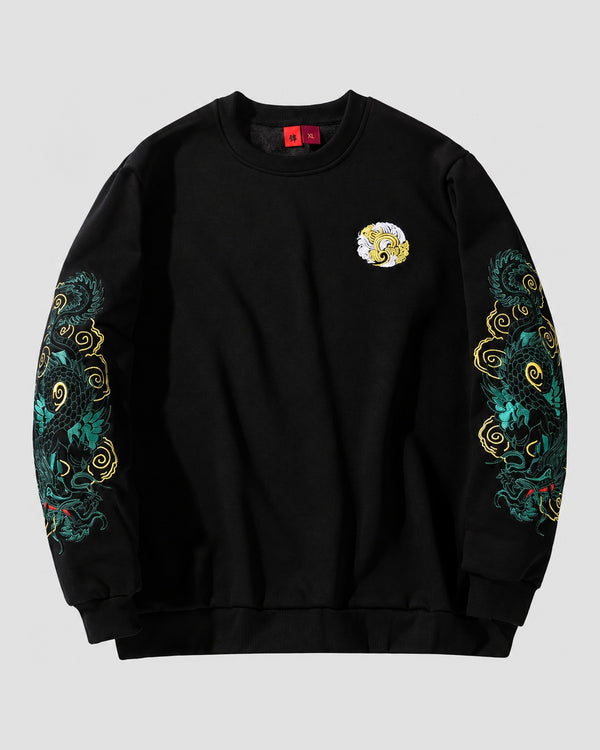 Black crewneck sweatshirt with a teal-green dragon embroidered down each sleeve and a round chest emblem, front view