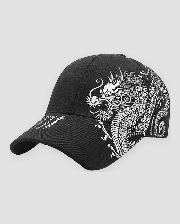 Black baseball cap with a large silver dragon printed across the side and calligraphy on the brim