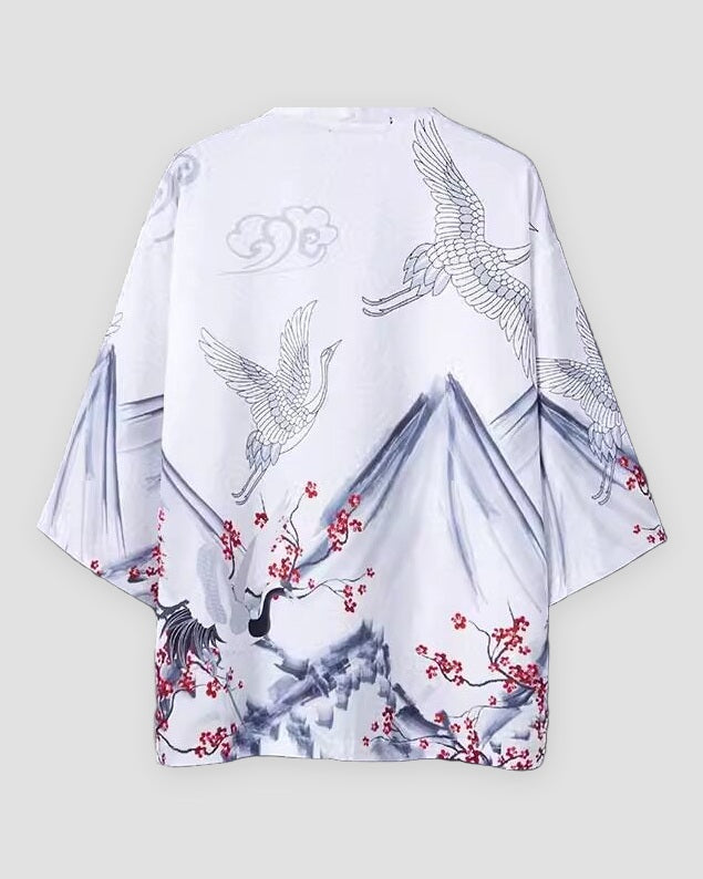 White Haori Cardigan with Cranes, Ink Mountains and Plum Blossom