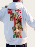 White hoodie with graphic designs on the back, featuring a collage of images and text.