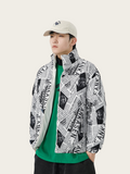 Person wearing a patterned jacket and green shirt on a white background