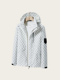 White patterned jacket on a mannequin against a white background
