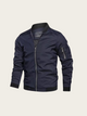 Navy blue bomber jacket on a light beige background