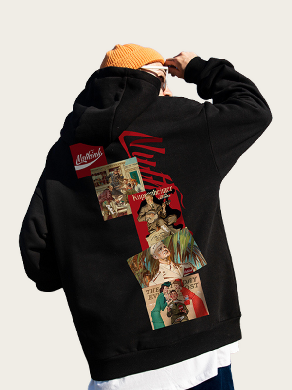 Black hoodie with colorful graphic design on the back, worn by a person.