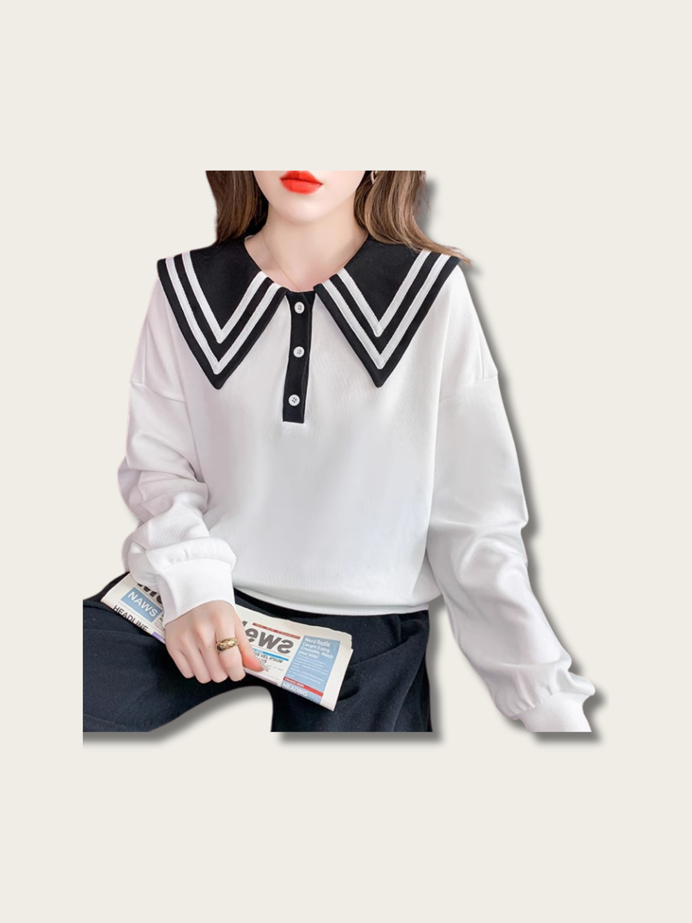 Classic Sailor Button-Up Sweatshirt - black:Black