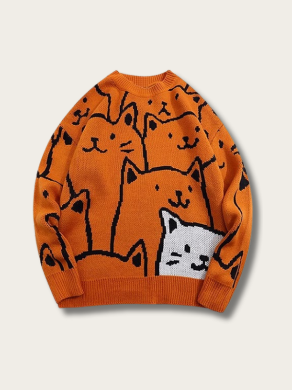 Whimsical Cat Knit Sweater - black:Black