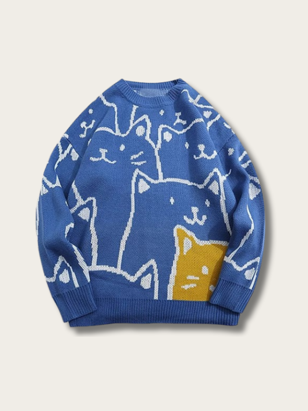 Whimsical Cat Knit Sweater - #0000ff:Blue