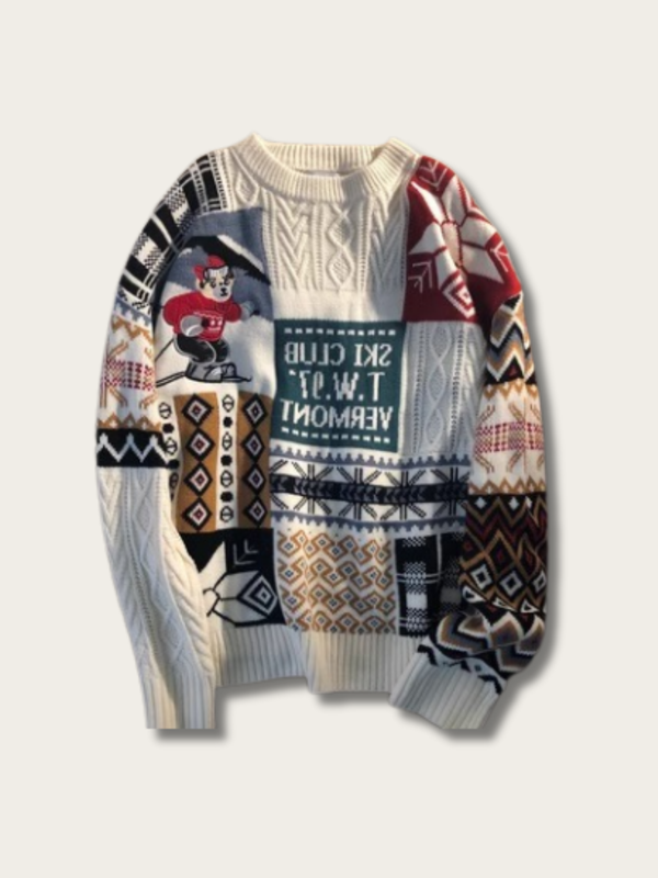 Vintage Patchwork Christmas Sweater - red:Red
