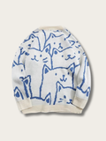 Whimsical Cat Knit Sweater - black:Black