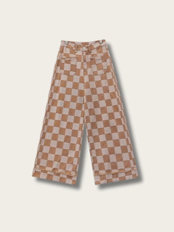 Retro Checkered Wide-Leg Pants - Small