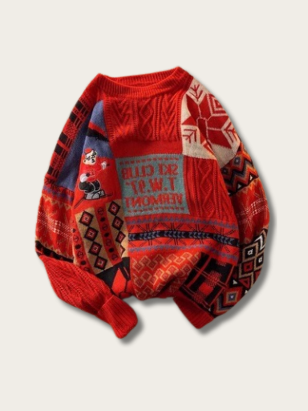 Vintage Patchwork Christmas Sweater - red:Red