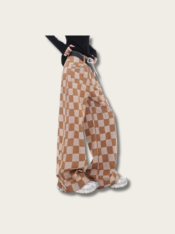 Retro Checkered Wide-Leg Pants - Medium
