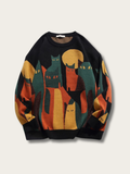 Cat Night Silhouette Knit Sweater - black:Black