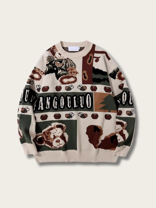 Retro Teddy Adventure Knit Sweater - black:Black