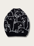 Whimsical Cat Knit Sweater - #0000ff:Blue