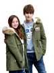 Two people wearing green parkas with fur-lined hoods on a white background