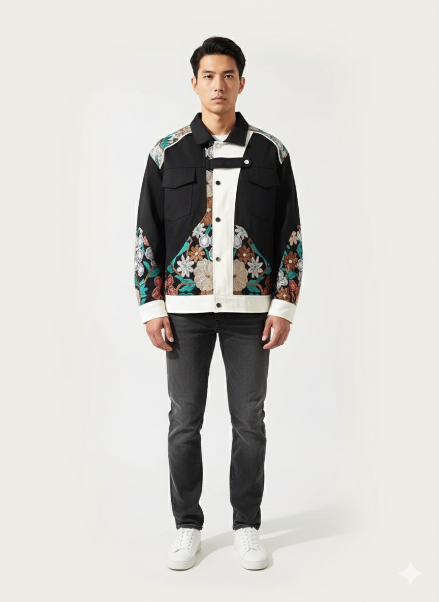 Man wearing a black jacket with colorful patterns and dark jeans on a white background