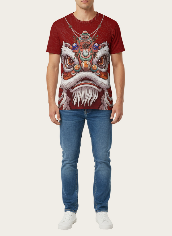 Person wearing a red t-shirt with a dragon design and blue jeans on a white background